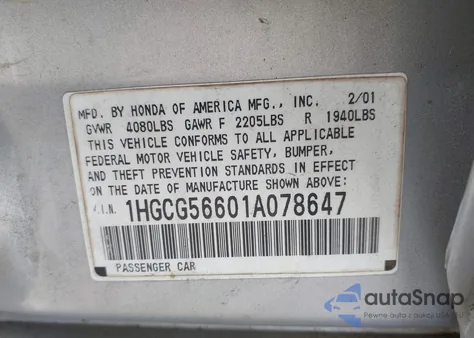 2001 Honda Accord 2.3 Ex from USA, damaged, VIN 1HGCG56601A078647